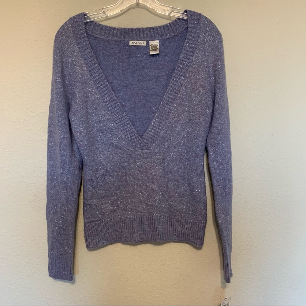 Energie Womens Periwinkle Blue Silver Metallic Shimmer Deep V-Neck Sweater L